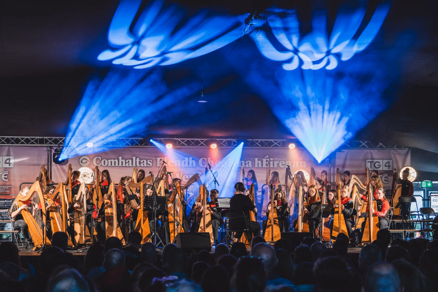 A large group of young people playing harp, perform on stage under blue stage lighting with an audience watching.