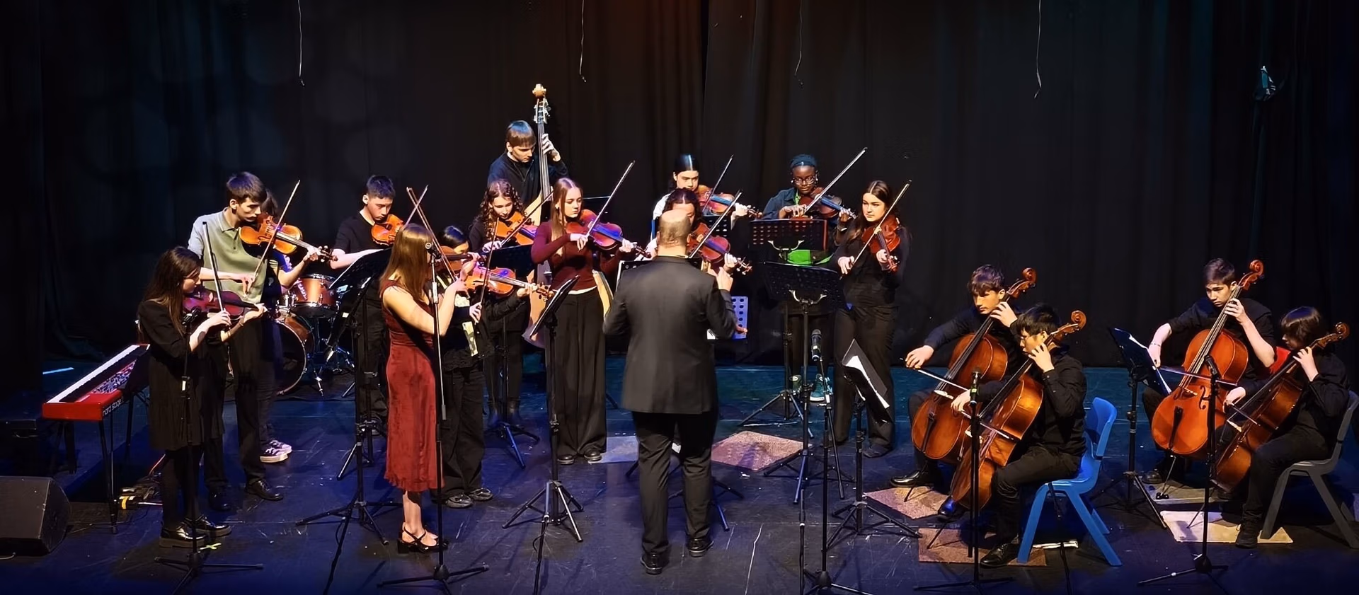 A group of young musicians with violins, violas, cellos and double basses performing on stage led by their conductor Davide Forti.