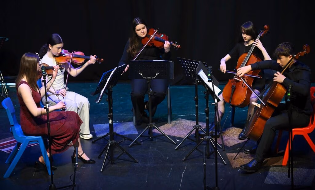 A small chamber ensemble playing violin, viola and celli are seated on stage with music stands