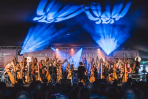 A large group of young people playing harp, perform on stage under blue stage lighting with an audience watching.