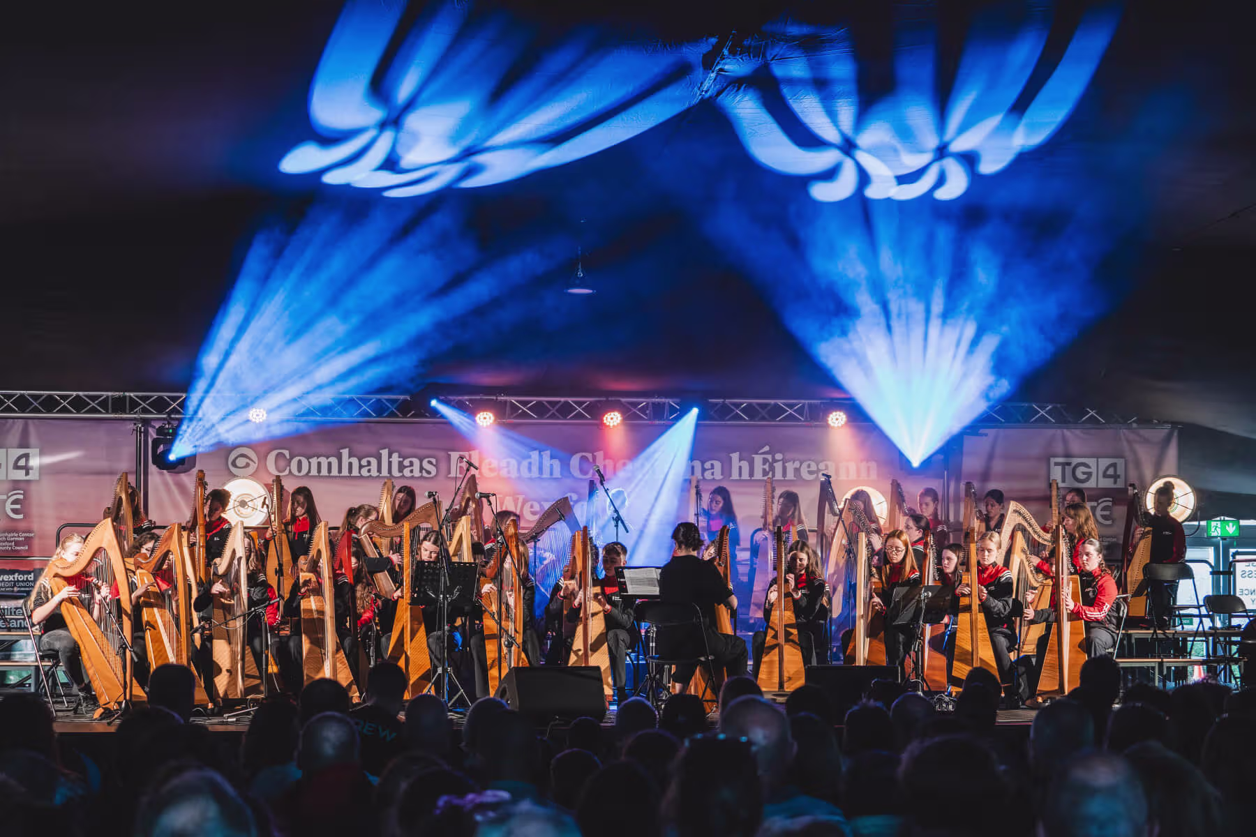 A large group of young people playing harp, perform on stage under blue stage lighting with an audience watching.