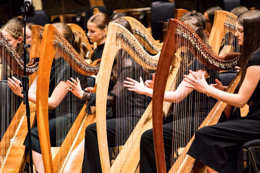 A row of harpists from Music Generation Harp Collective performing together on stage at the National Concert Hall, Dublin on Saturday 7 February 2026. as part of the Irish Association of Youth Orchestras Festival