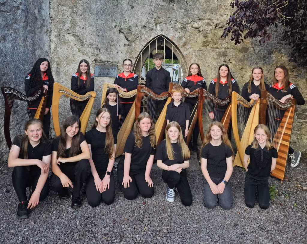 Music Generation Louth harp ensemble members posing outdoors with their instruments in front of a historic stone building.